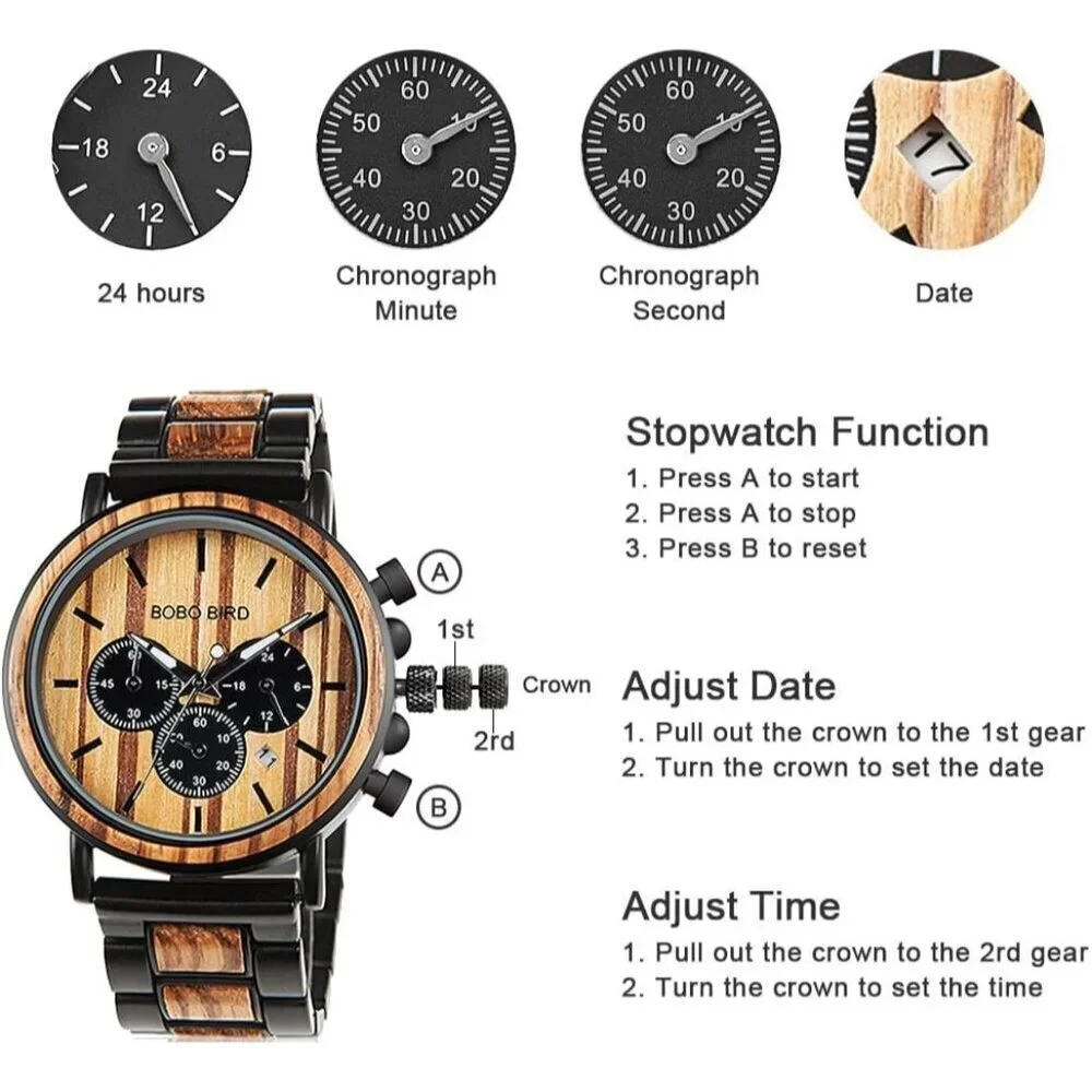 Men's Black Wood Stainless Steel Combined Chronograph Military Quartz Watches
